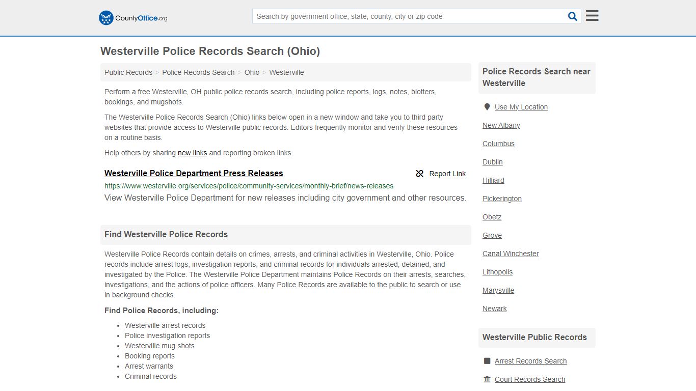 Westerville Police Records Search (Ohio) - County Office