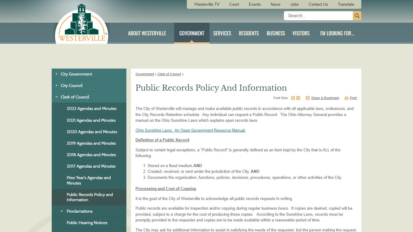 Public Records Policy and Information | City of Westerville, OH